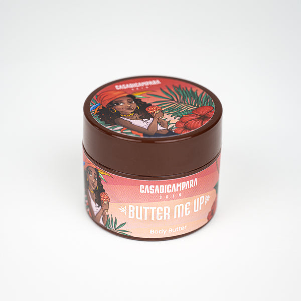 Round brown shea body butter with tropical girl illustration and bold white brand name, perfect for nourishing skincare.