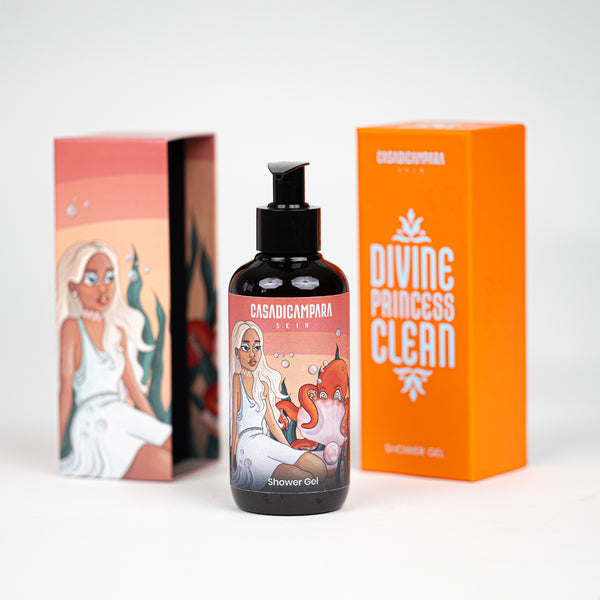 Brown pump shower gel bottle with orange cap in focus, orange box bottom visible in the background, refreshing body care.