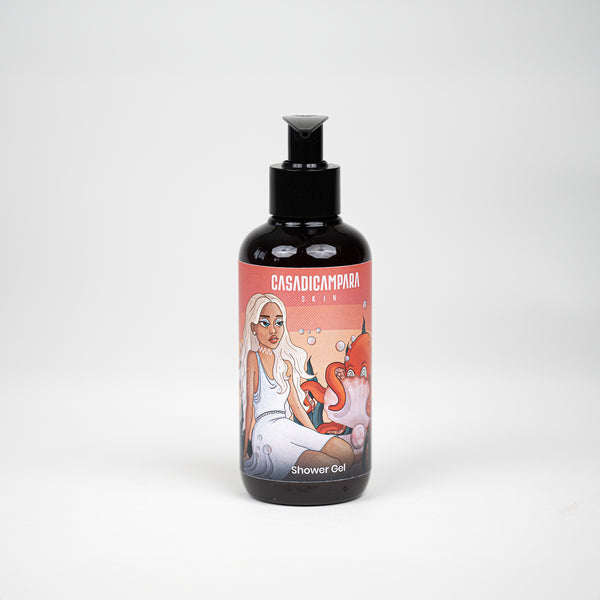 Brown pump bottle of shower gel featuring an animated girl in beachwear - fun and refreshing skincare product.
