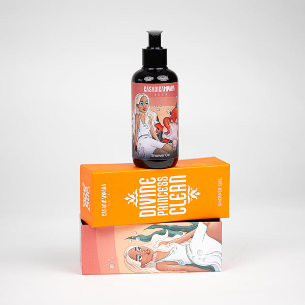 Brown shower gel bottle placed on orange packaging with white brand and product name - refreshing skincare essential.