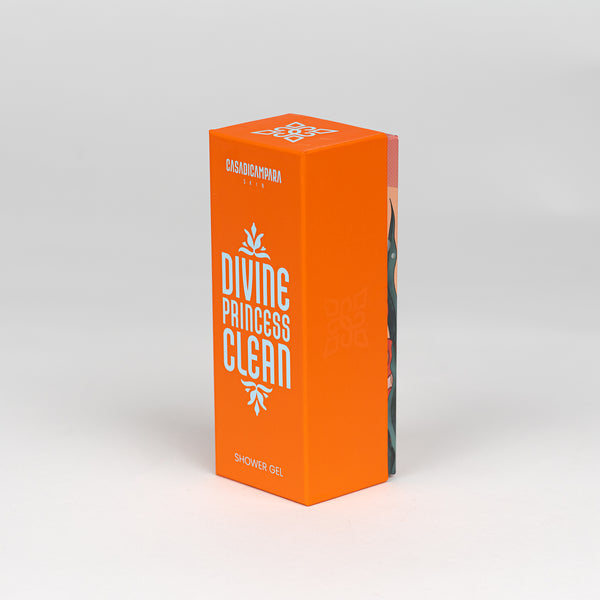 Orange Divine Princess Clean shower gel standing upright with bold white lettering, perfect for refreshing skincare.