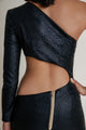 Back view of the Pearl of the Orient black dress featuring zip closure and cut-out back design.