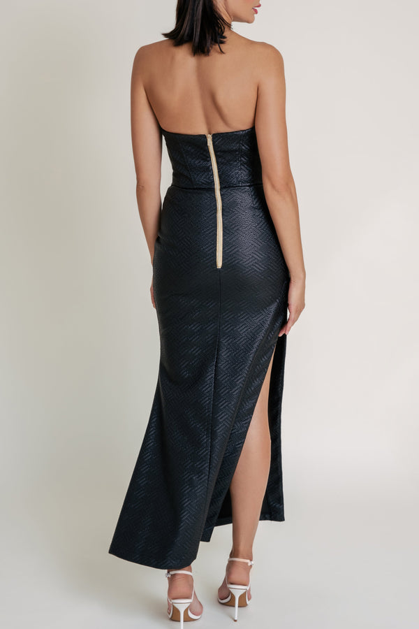 Back view of the Macao Casino black dress showing open back and elegant drape.