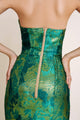 Back view of green jacquard dress – stylish long green dress with back zip and subtle shimmer.