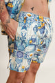 Side shot of cotton unisex shorts featuring a pattern - ideal women’s and men's shorts for beach days or pairing with a shirt.