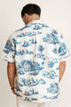 Back of zip‑up cotton shirt featuring blue-and-white tile print for both men and women.