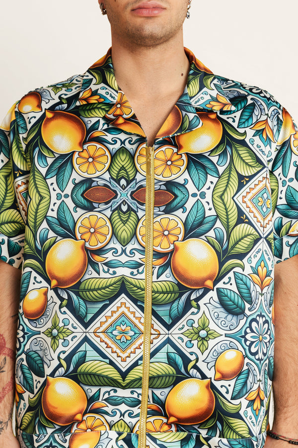 Close-up of printed cotton shirt fabric - tailored summer shirt, great for casual wear.
