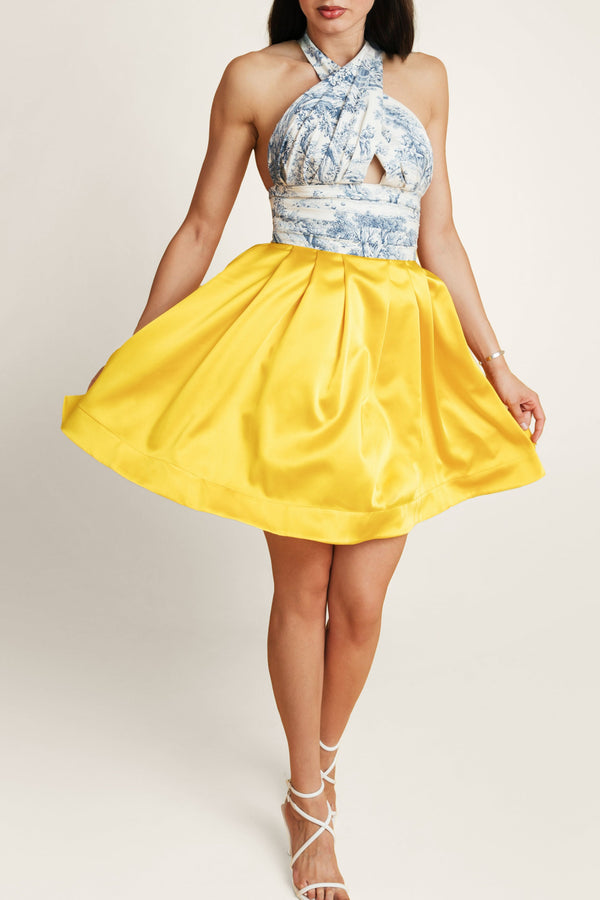 Sunlit mini dress with crisp white and blue cotton top and lemon vegan silk skirt, ideal two toned dress for summer getaways.