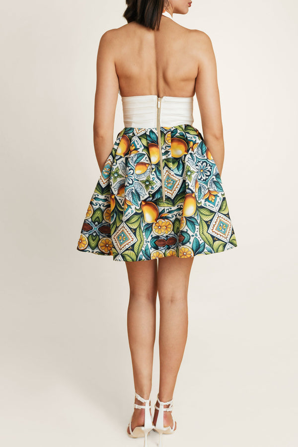 Back detail of Faro Lemonade mini summer dress – crisp cotton top with zip and yellow skirt, perfect as a summer dress.