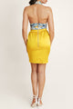 Back view of a tight two tone dress with yellow skirt and striped top – a playful summer mini dress for sunny escapes.