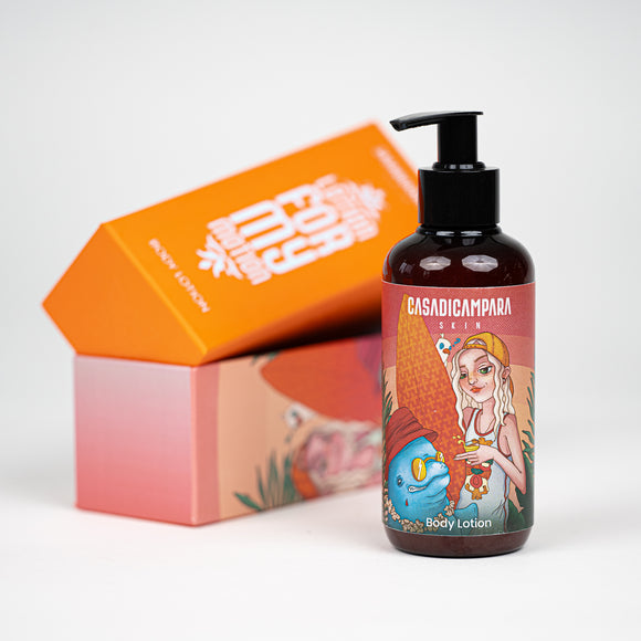 Lotion For My Motion body lotion bottle with pump and surfer girl illustration, next to orange packaging in background.
