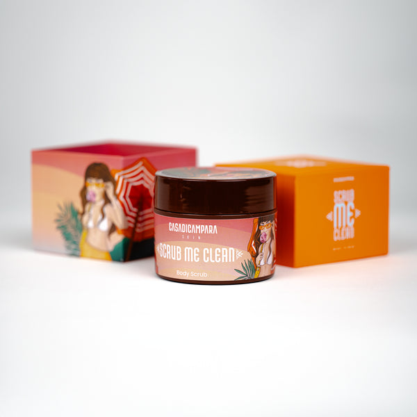 Round body scrub with orange lid and beachwear girl illustration, perfect for refreshing and exfoliating body care.
