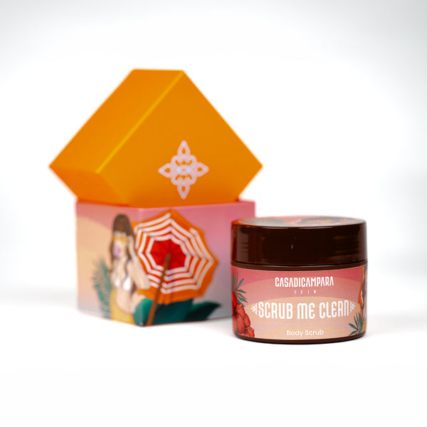 Round body scrub with orange lid in focus, beachwear girl illustration in background, summer skincare essential.