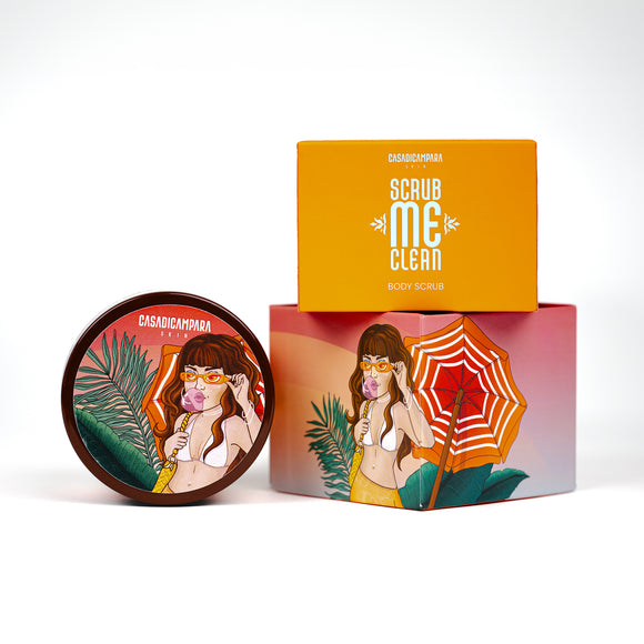 Round Scrub Me Clean body scrub container with girl in beachwear illustration, next to matching orange packaging.