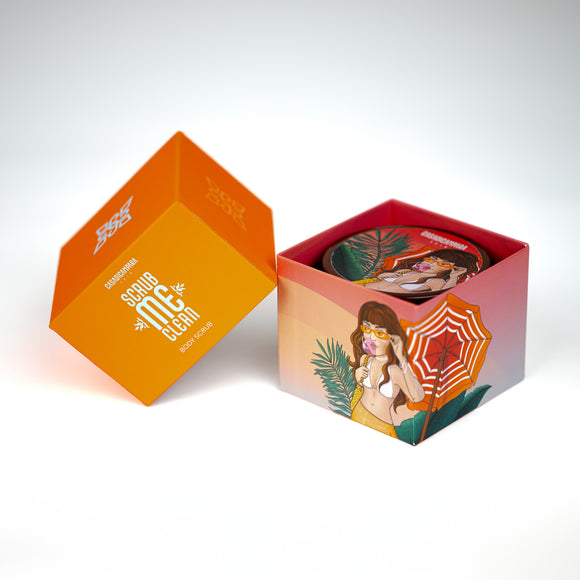 Open packaging of body scrub featuring an illustration of a girl and an orange lid.