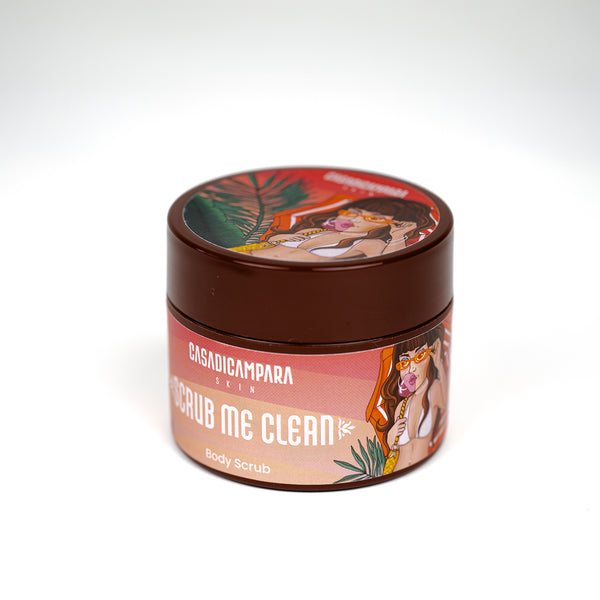 Round brown Scrub Me Clean body scrub with beachwear girl illustration and brand name, perfect for smooth, glowing skin.
