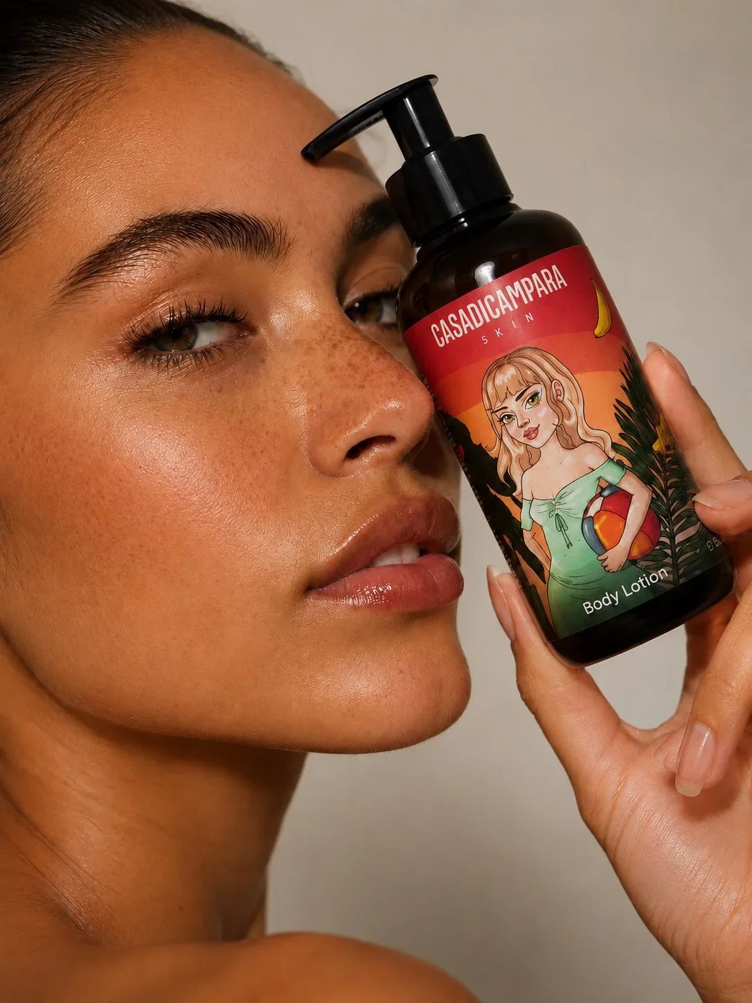 female model holding cdc product close to her face and posing