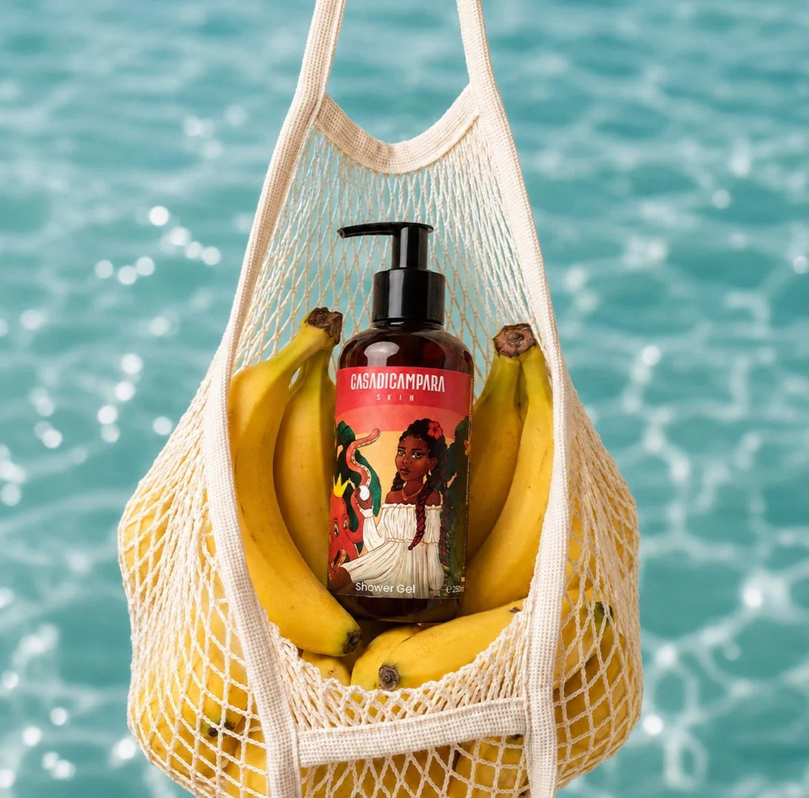 products in a summer bag above sea