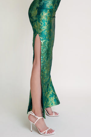 Evening Dress – Macao Casino (Emerald) | Glossy Sculpted Jacquard