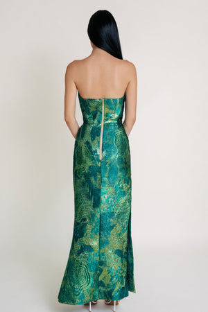 Evening Dress – Macao Casino (Emerald) | Glossy Sculpted Jacquard
