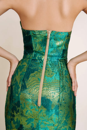 Back view of green jacquard dress – stylish long green dress with back zip and subtle shimmer.