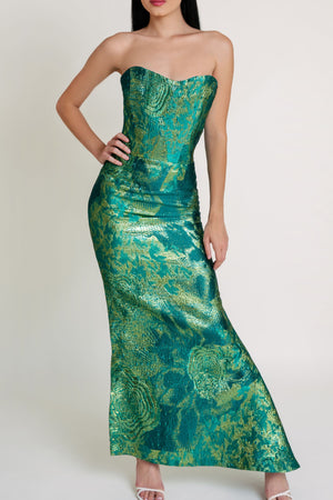 Evening Dress – Macao Casino (Emerald) | Glossy Sculpted Jacquard